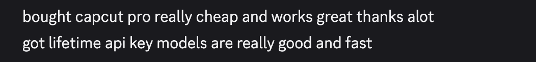 Two Discord reviews for CapCut Pro and lifetime API access