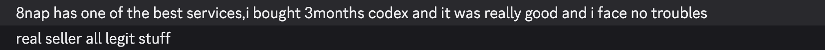 Discord review describing a positive three-month Codex purchase